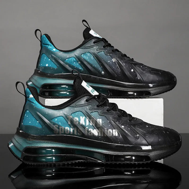 Men's platform sneakers with mesh upper in black green, gray green, and gray orange colours