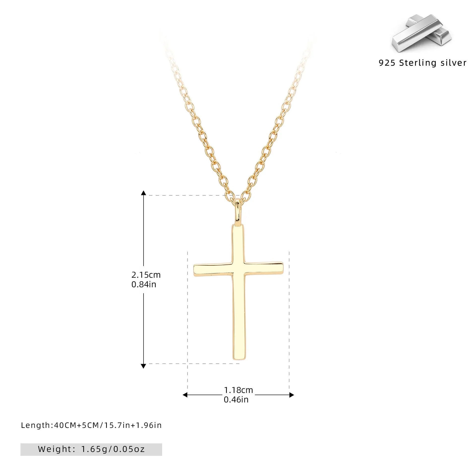 Sterling silver cross pendant necklace on an adjustable O-chain in gold, platinum, or rose gold plating.