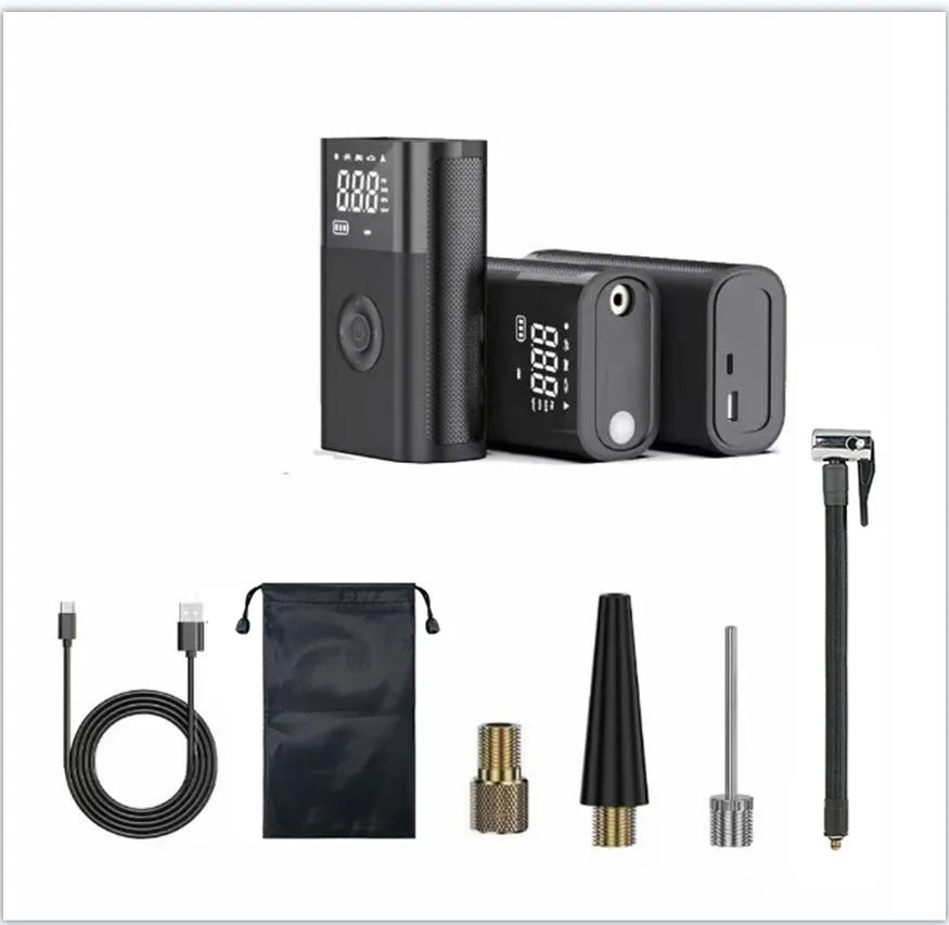 Black handheld wireless digital air pump with LCD screen and LED light, with assorted inflation nozzles