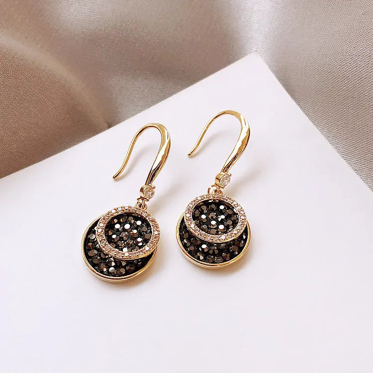 Black round geometric alloy earrings with 3.6cm length and retro Hong Kong style design