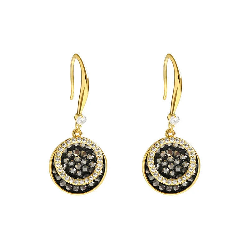 Black round geometric alloy earrings with 3.6cm length and retro Hong Kong style design