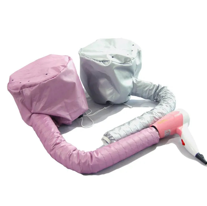 Hair dryer bonnet hood in pink or silver with drawstring and elastic tube end for fitting to a hair dryer.