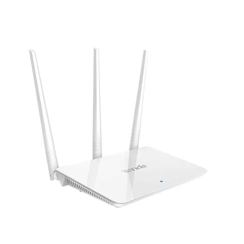 White dual-band wireless router with US-style design supporting 2.4GHz and 5GHz frequencies