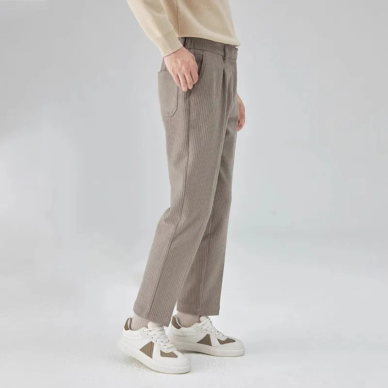 Corduroy straight-leg trousers in black, beige, and brown grey colours with micro elastic fabric