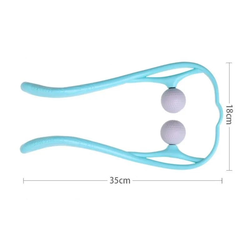 Blue plastic hand roller neck massager with adjustable stand and removable massage heads on a white background