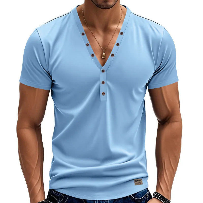 Men's loose V-neck button detail pullover top in a light blue colour on a hanger.