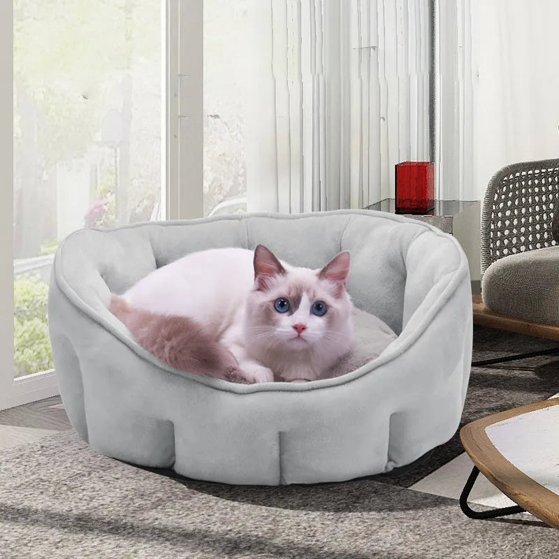 Plush cat bed house 46x46x23cm in grey, green, pink, or yellow, winter warm kennel mat