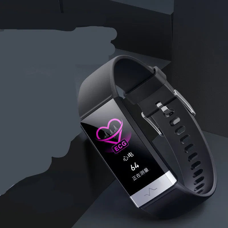 V19 smart bracelet in black showing display with health metrics, featuring TPU strap and ECG PPG SpO2 sensor