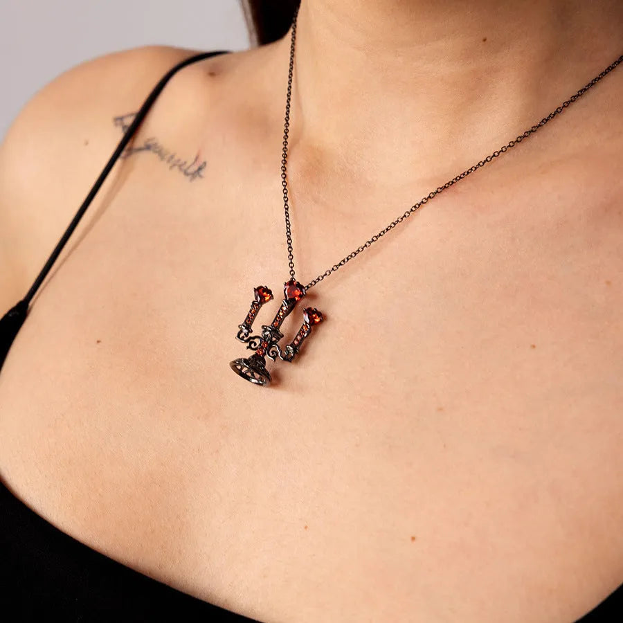 Retro Gothic zinc alloy clavicle chain with hollow candlestick pendant and cross chain in antique colour
