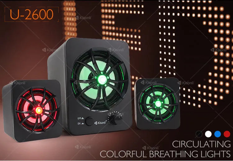 Green ABS plastic 2.1 USB computer speaker with colourful LED lights and dual connectivity ports
