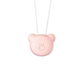 Pink and blue wearable USB air purifier necklace shown on a person, with dimensions 1.5 by 5.7 by 4.5 cm.