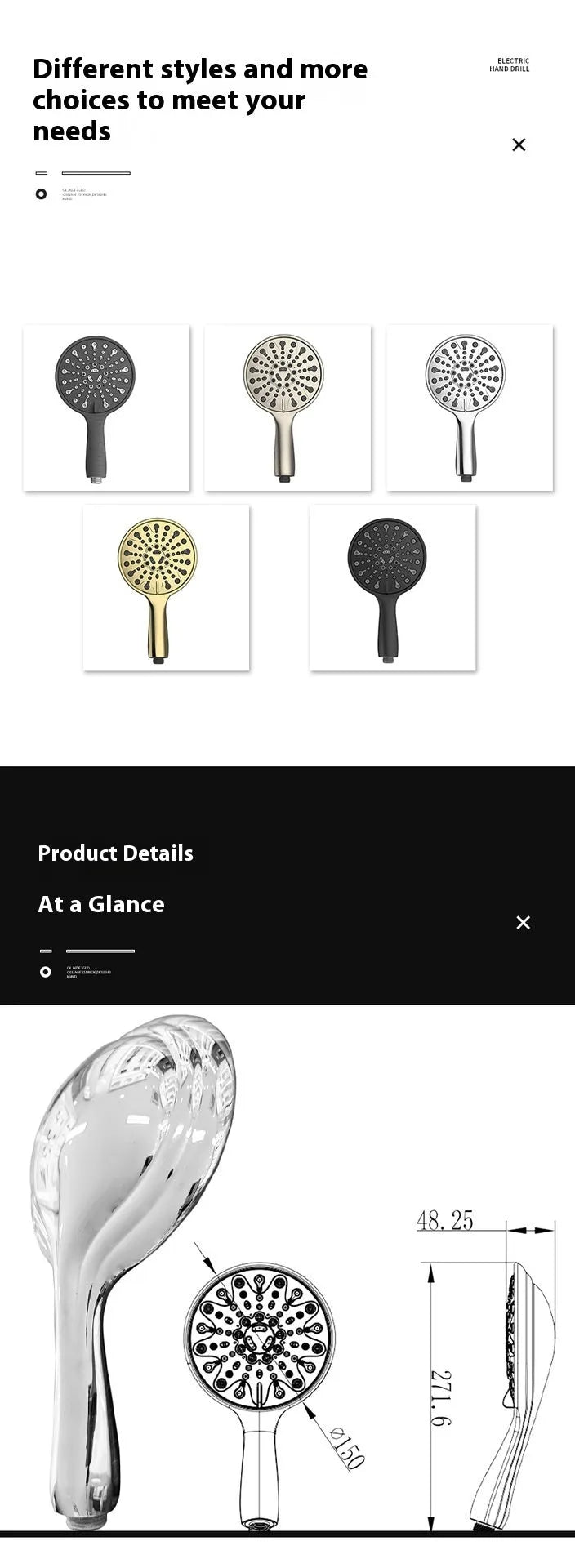 Six-inch diameter handheld shower head with an electroplated chrome finish, showing multiple spray face settings.