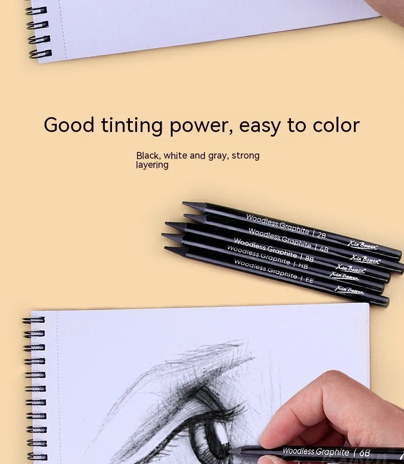 Set of six wood-free graphite full lead sketching pencils in grades HB, 2B, 4B, 6B, 8B, and EE.