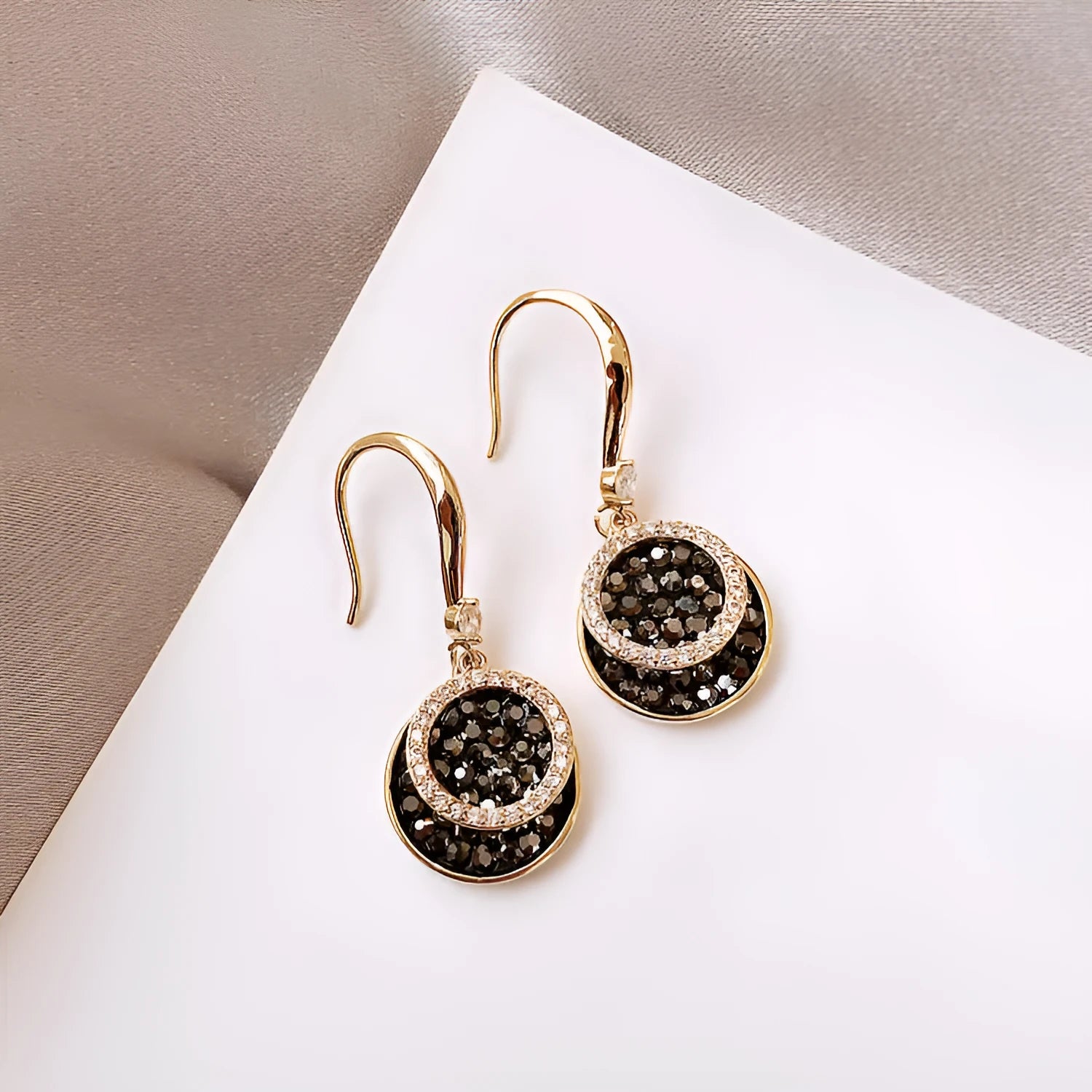 Black round geometric alloy earrings with 3.6cm length and retro Hong Kong style design