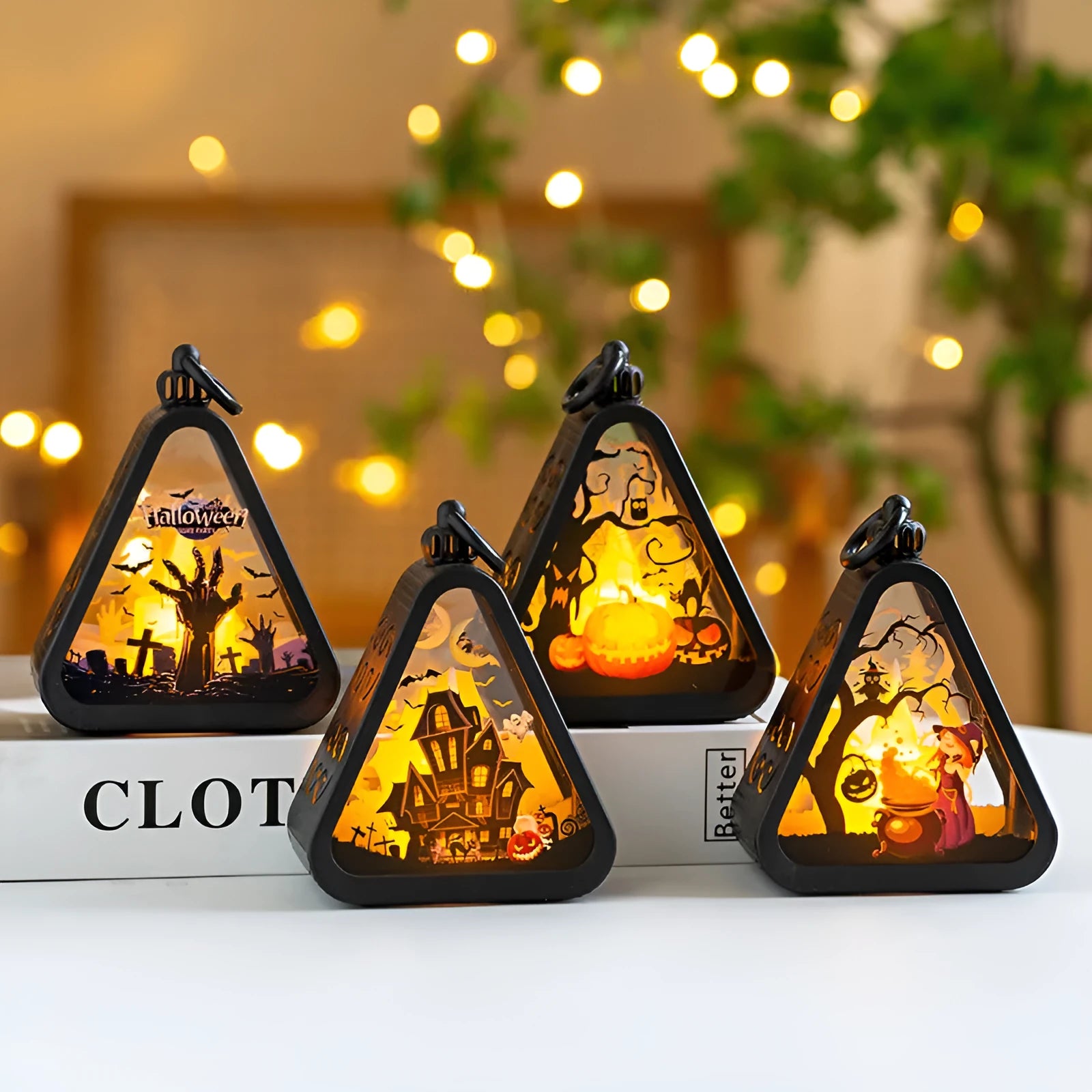 Portable plastic Halloween pumpkin lamp decoration in pumpkin, witch, castle, or ghost hand colour.
