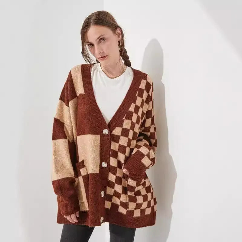 Printed checks loose slim fit cardigan in polyester spandex fabric available in six colours