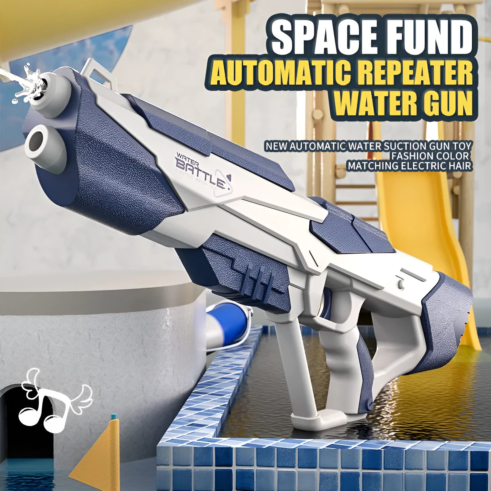 Blue electric Space Water Gun with USB charging cable, shown with water jet, for outdoor pool and beach play.