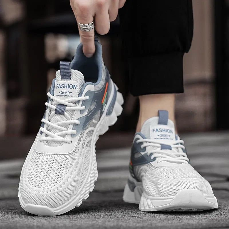 Men's white blue and black platform casual running shoes with mesh upper and cross shoulder straps