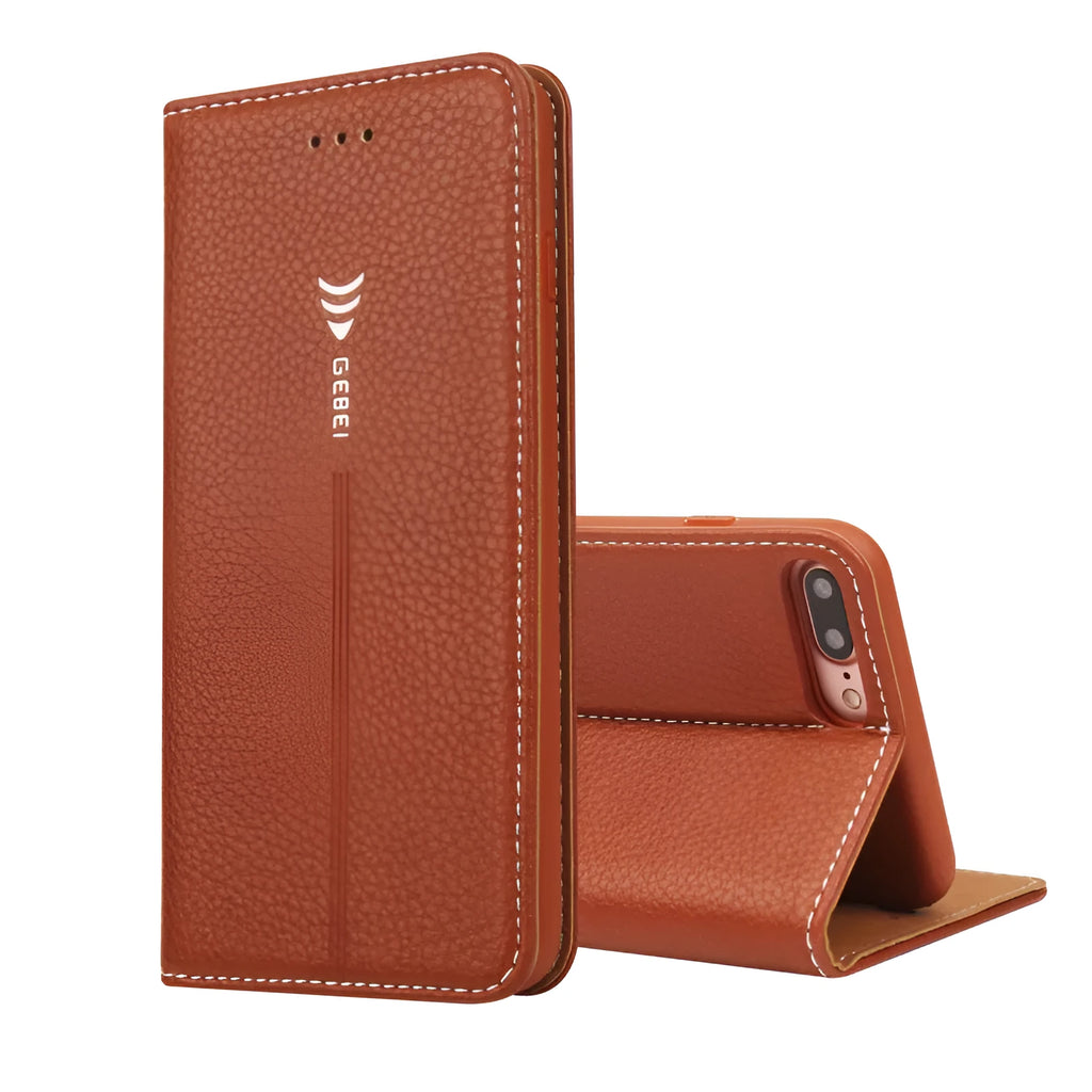 Imported PU leather wallet case for iPhone in black, blue, brown, khaki, or pink with card slot.