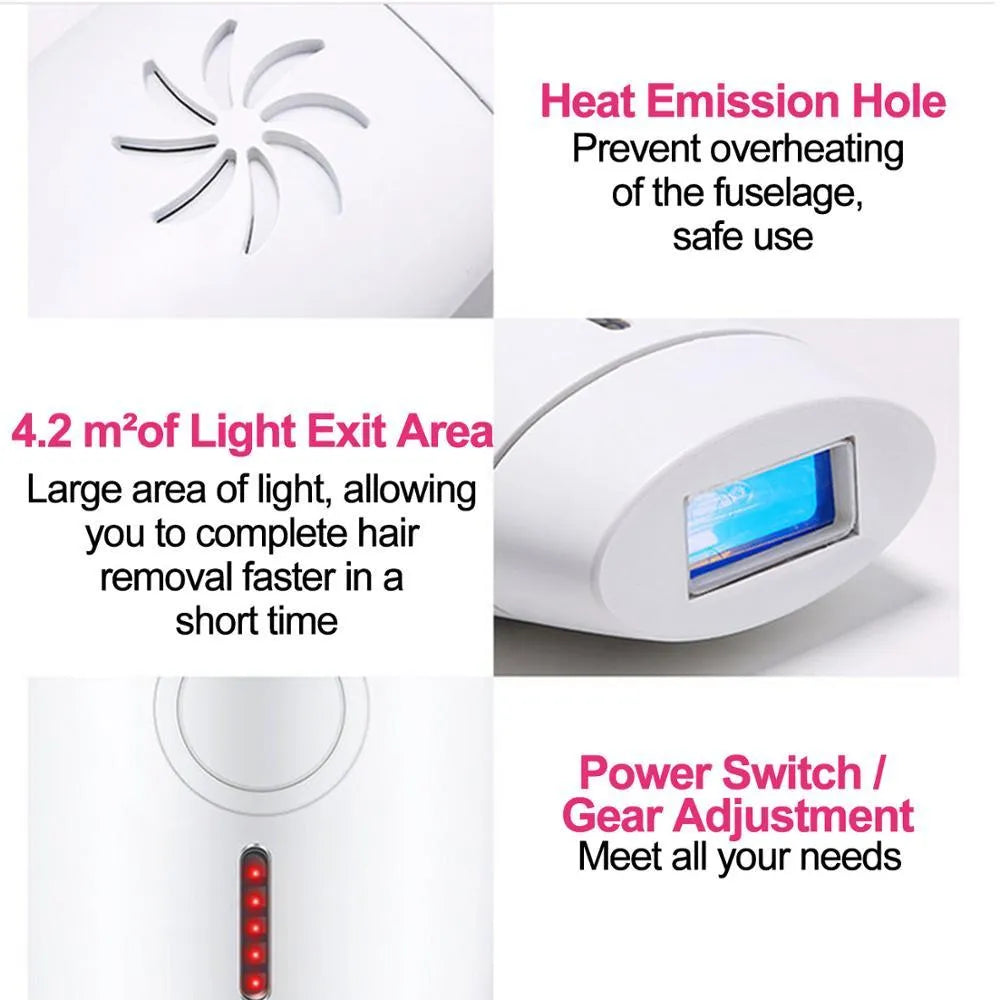 White home laser hair removal device with digital display and compact handheld design on a plain background.