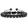 Geometric agate couple bracelets with tiger eye and matte black beads, showing style options.