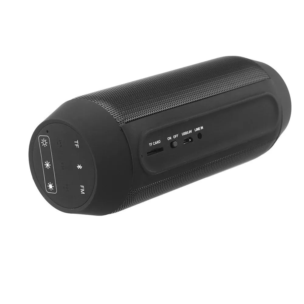 Black and white mini portable Bluetooth speaker with colourful RGB lights surrounding its base.