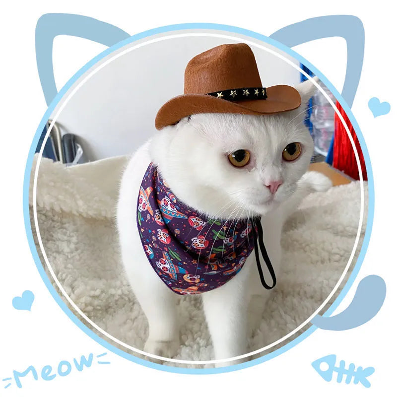 British cowboy style hat for a cat, made from brown non woven fabric with a black ribbon trim.