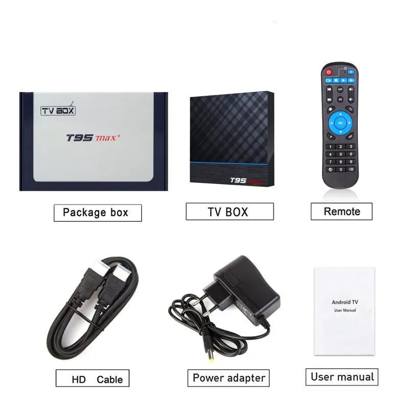 Black T95 Max Plus Android TV Box with remote, showing choice of US, EU, and UK power plugs.