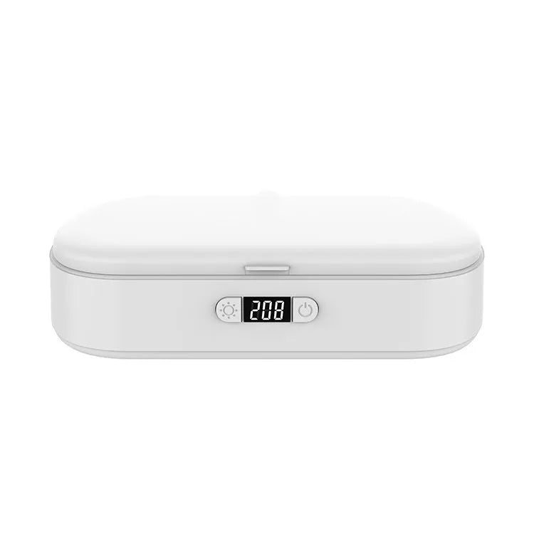 White UV sterilizer box with wireless charging function for phones and personal items