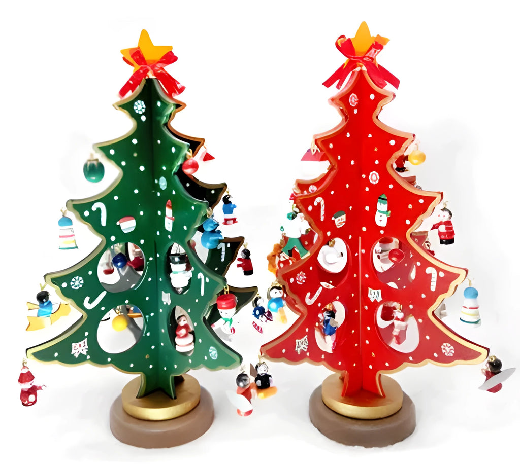 Hand-painted red and green wooden desktop Christmas tree decoration in large size.