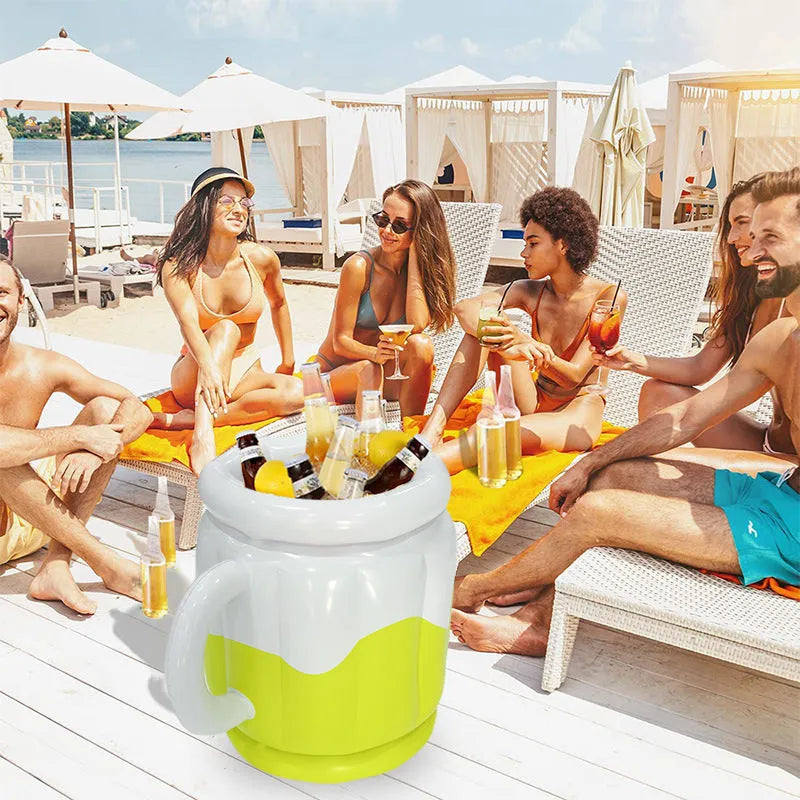 Yellow inflatable PVC ice bucket for chilling beers, shown inflated and ready for use.