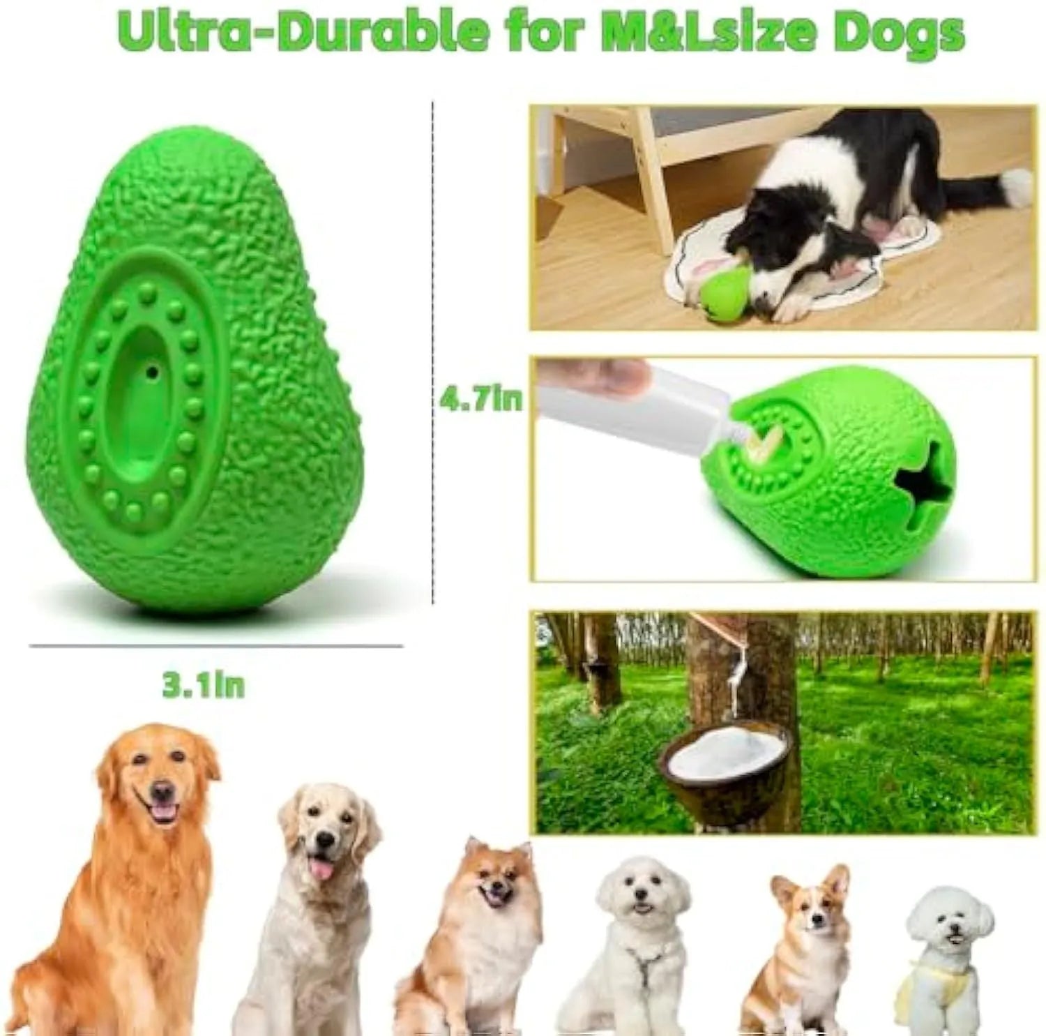 Green natural rubber dog chew toy with textured surface and hollow centre for aggressive chewers