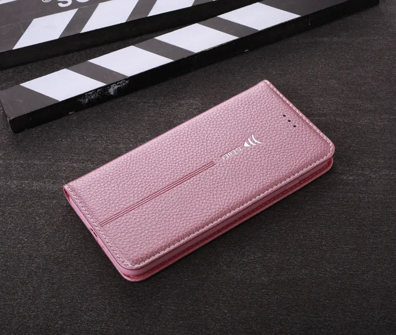 Imported PU leather wallet case for iPhone in black, blue, brown, khaki, or pink with card slot.