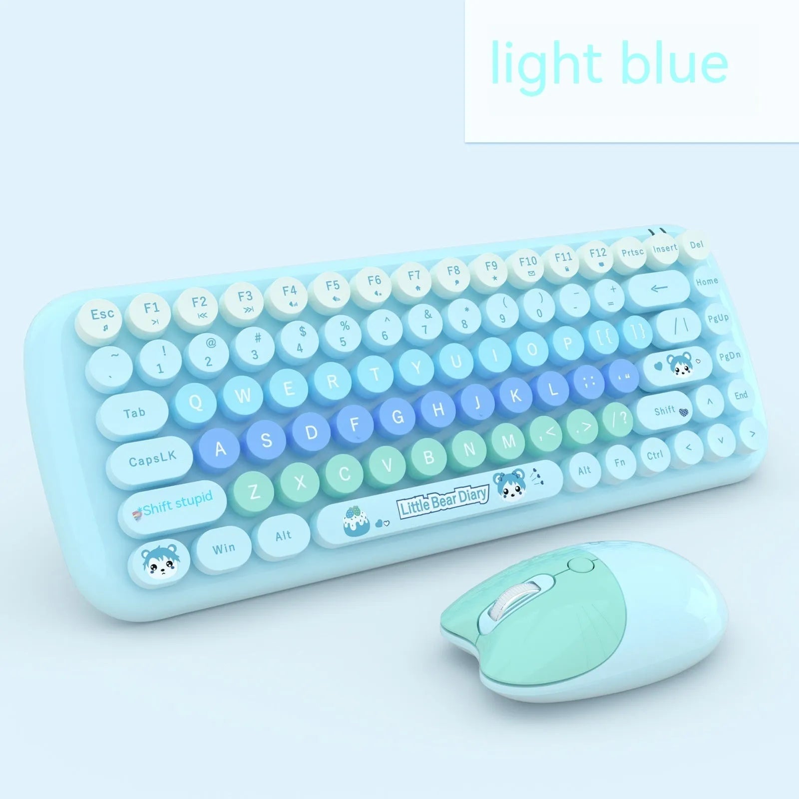 CANDY pink wireless cartoon keyboard and mouse set with receiver on a desk
