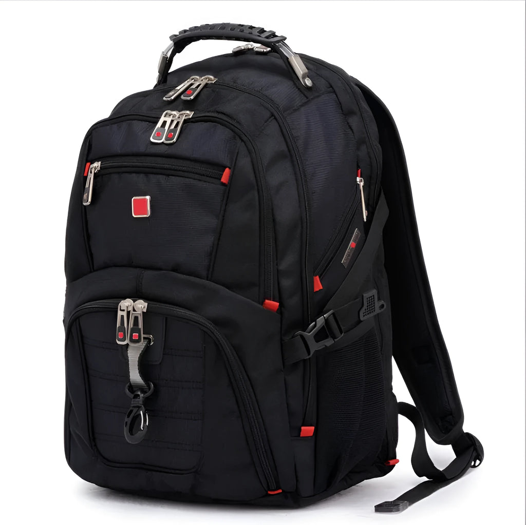 Black business computer backpack with three compartments open, showing laptop sleeve and organiser pockets
