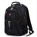 Black business computer backpack with three compartments open, showing laptop sleeve and organiser pockets