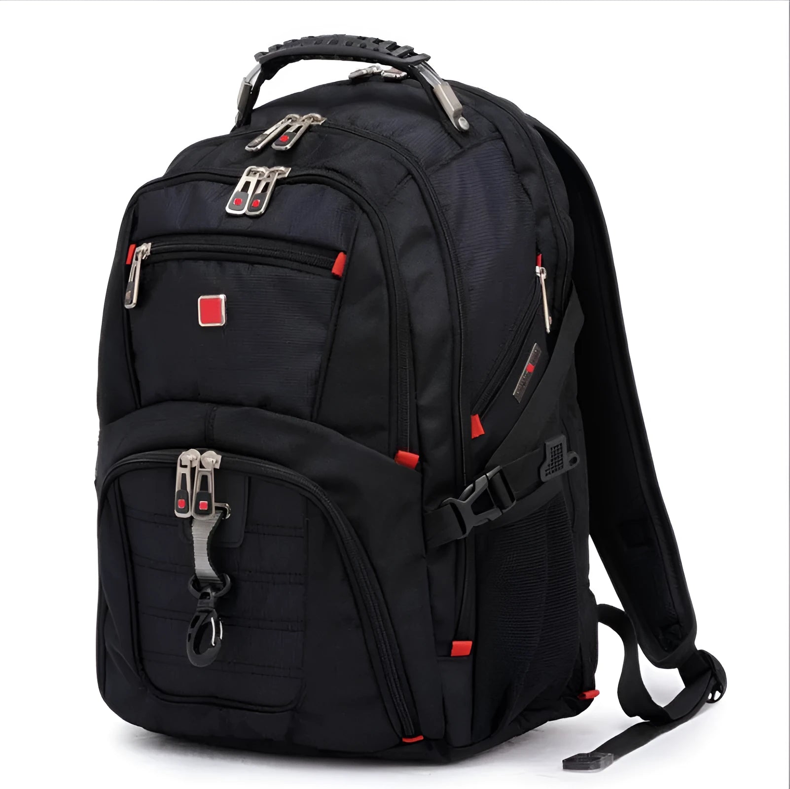Black business computer backpack with three compartments open, showing laptop sleeve and organiser pockets