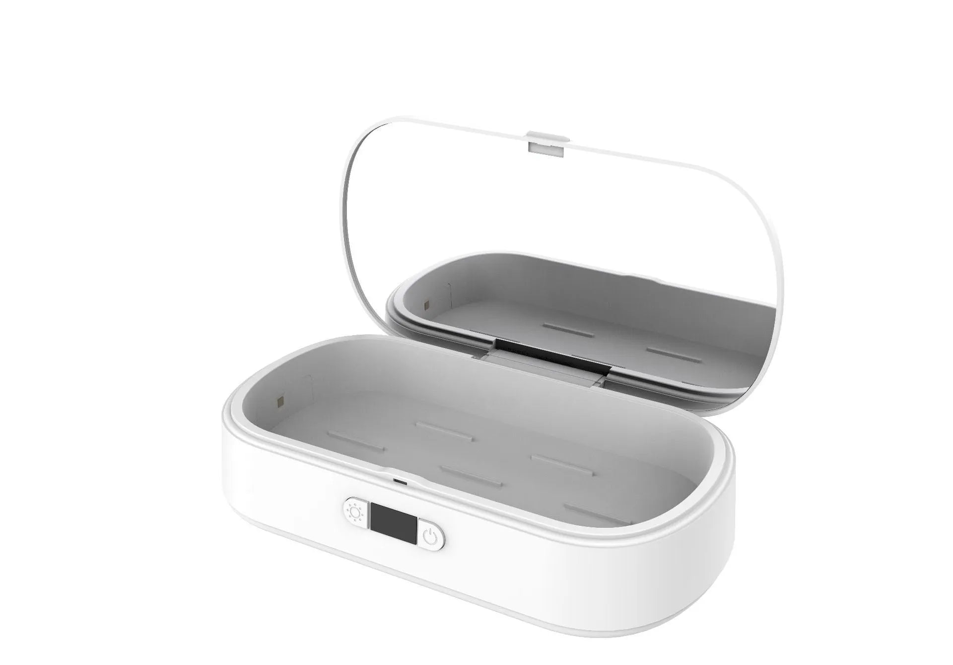 White UV sterilizer box with wireless charging function for phones and personal items