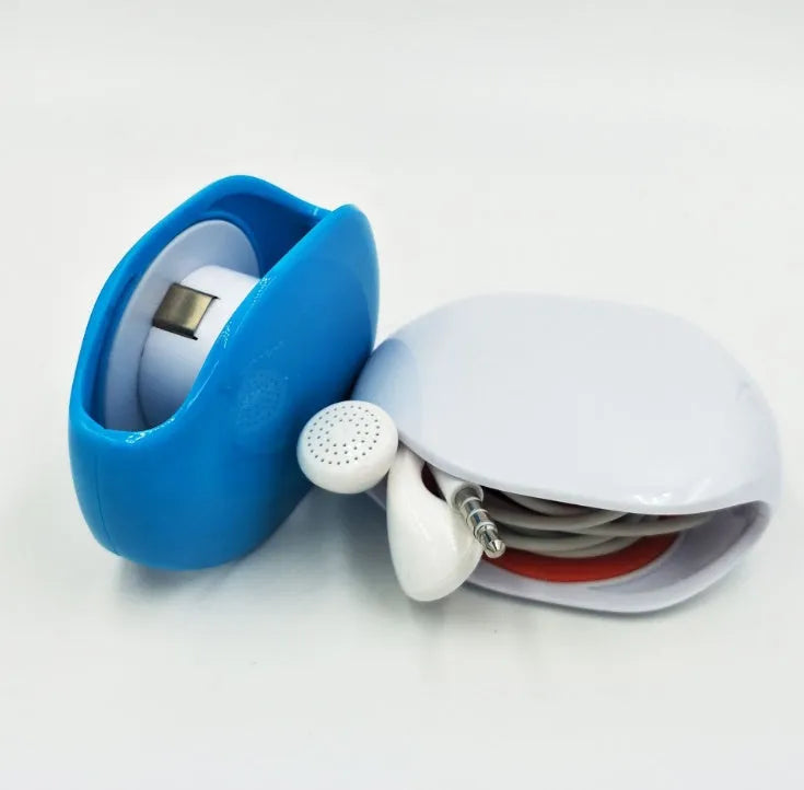 Automatic earphone cable winder retractor in PC ABS plastic, showing compact size and multiple colour options.