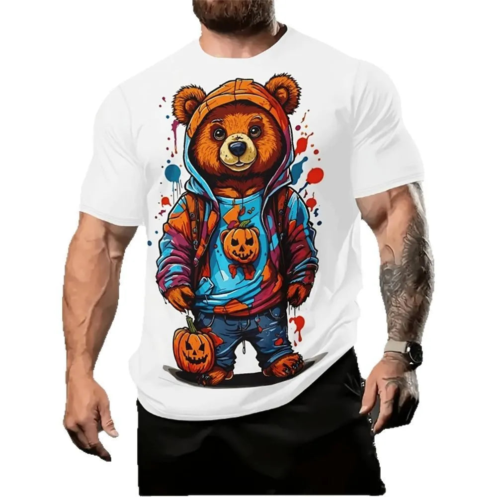 Men's loose-fit short sleeve shirt with a cartoon 3D printed pattern in a summer colour
