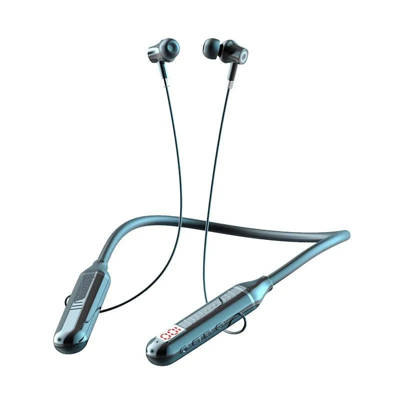 Wireless Bluetooth sports headset with power display card showing battery status and neckband design
