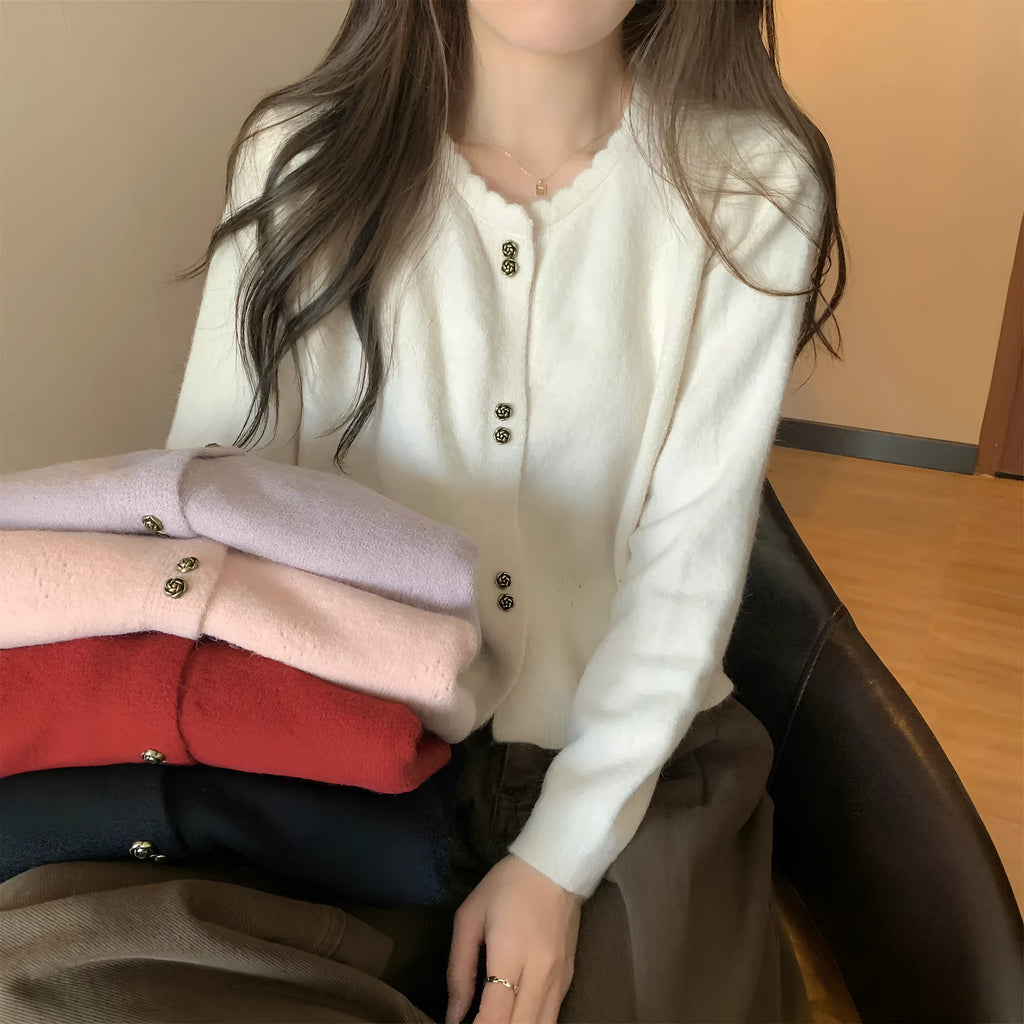 Women's acrylic fibre cardigan sweater in milky white colour with long sleeves and free size fit