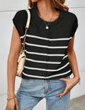 Women's striped sleeveless pullover casual top with bone stitching detail on a hanger