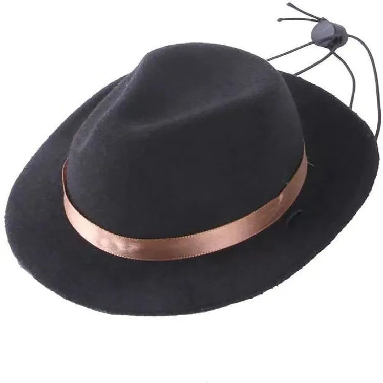 Handmade wool felt mini hat for small pets in black, brown, pink or red with denim stitching