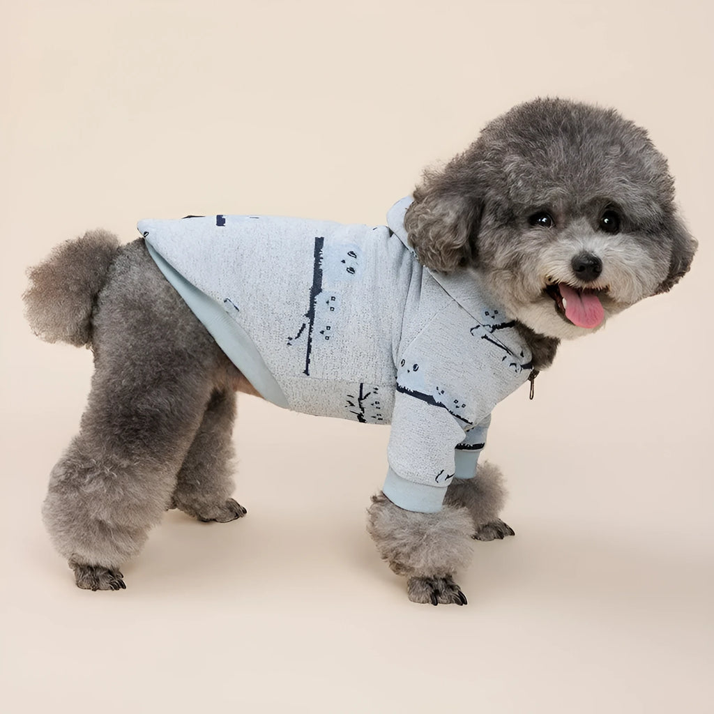 Blue casual dog sweater with front zipper and animal print, shown on a model dog.