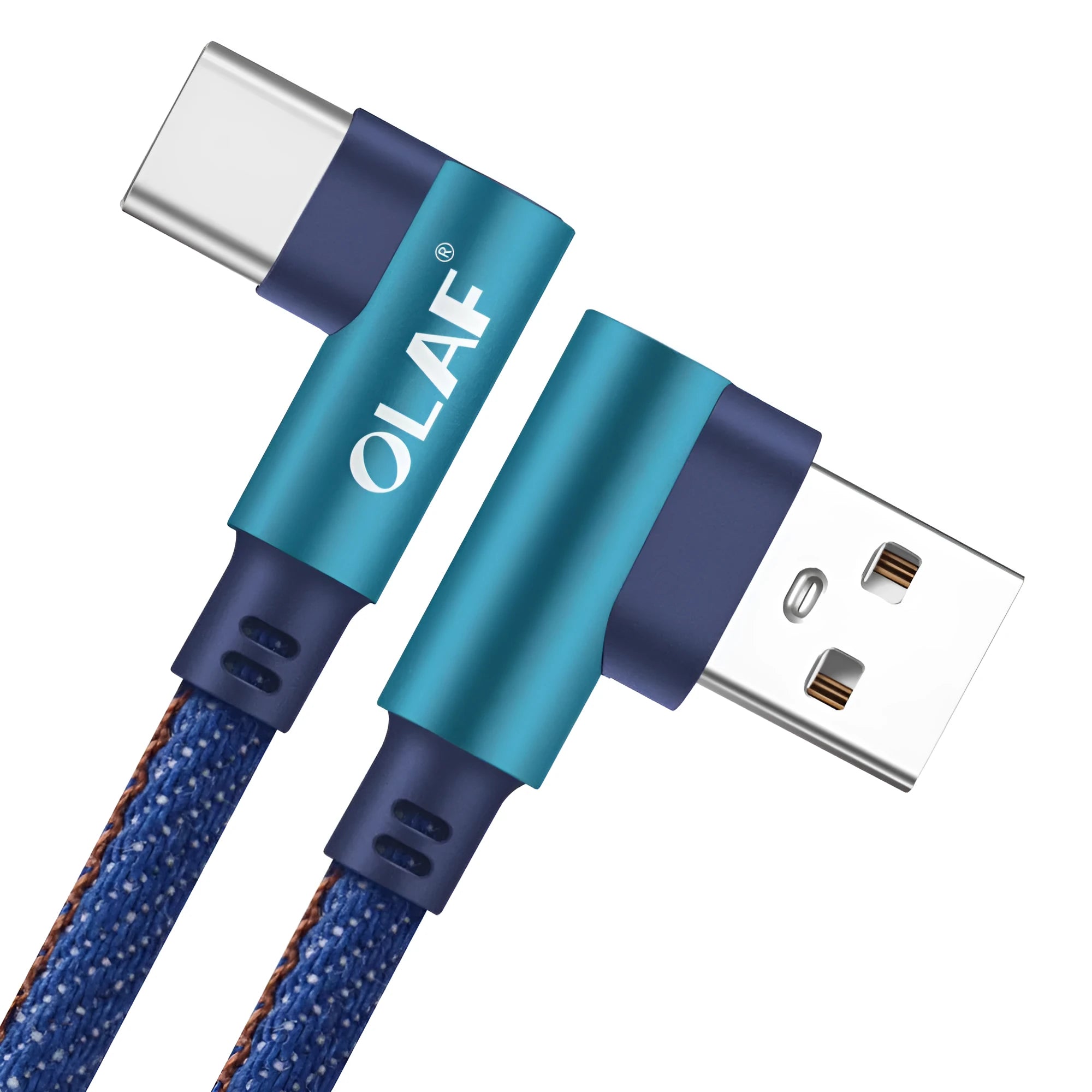 Denim-braided fast charging USB cable with aluminium connectors for Android or Type C devices.