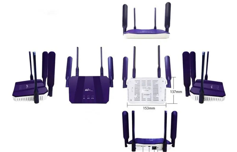 Blue 4G dual-mode router with four antennas showing front panel and connectivity ports