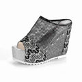 Women's chunky heel platform sandals with hollowed-out heel design in black mesh