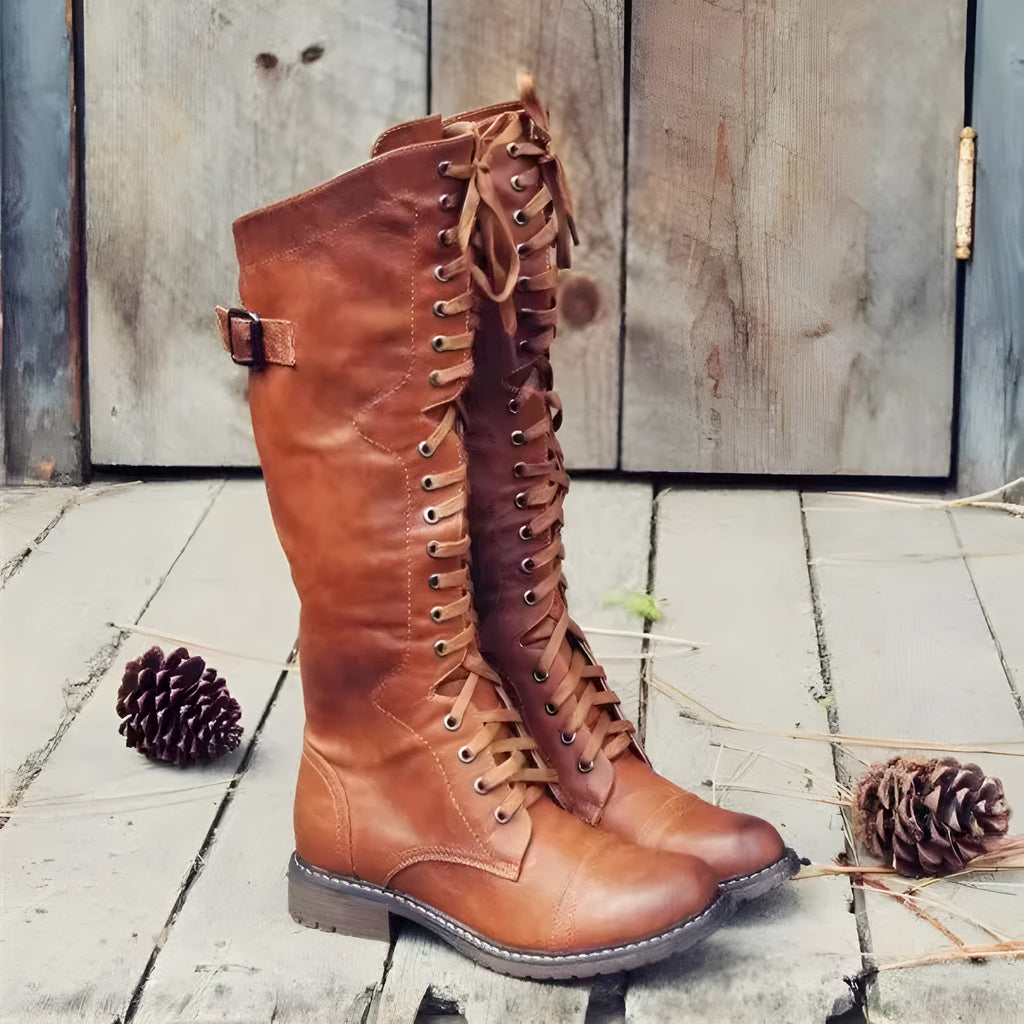 Women's black casual high leg boots with a chunky low heel and round toe