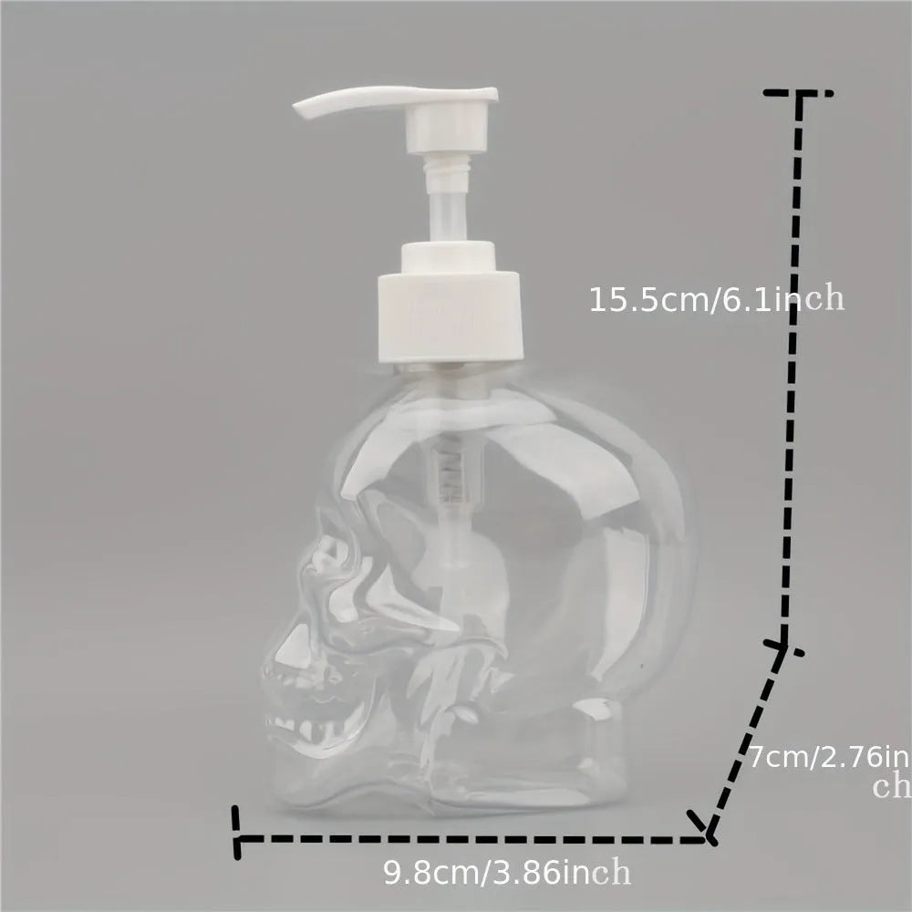 350ml skull-shaped empty hand sanitiser bottle in white, transparent or black plastic, 9.8cm x 7cm x 15.5cm